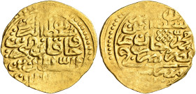 Ottoman Empire. Ahmad I, AH 1012-1026 / AD 1603-1617. Sultani (Gold, 23 mm, 3.49 g, 12 h), Misr, AH 1012 = AD 1603/4. Within a circle, ‘sulṭān al-barr...