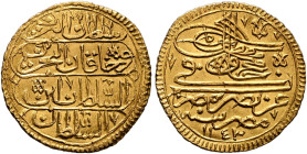 Ottoman Empire. Mahmud I, AH 1143-1168 / AD 1730-1754. Zeri Mahbub (Gold, 19 mm, 2.55 g, 12 h), Misr, AH 1143 = AD 1730/1. Within a central circle sur...