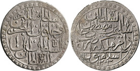 Ottoman Empire. Salim III, AH 1203-1222 / AD 1789-1807. 2 Zolota (Silver, 41.2 mm, 18.62 g, 12 h), Islambul (Istanbul), AH 1203, RY 1 = AD 1789. Withi...