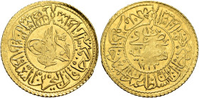 Ottoman Empire. Mahmud II, AH 1223-1255 / AD 1808-1839. Rumi-Altin (Gold, 23 mm, 2.41 g, 12 h), Qustantaniyya (Constantinople/Istanbul), AH 1223 = AD ...