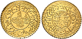 Ottoman Empire. Mahmud II, AH 1223-1255 / AD 1808-1839. Cedid Adliye Altını AH 1223 = AD 1808, RY 19 = AD 1826/7 (Gold, 20 mm, 1.59 g), Qustantaniyya ...