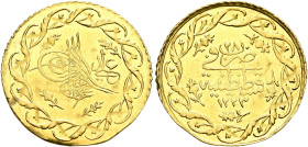 Ottoman Empire. Mahmud II, AH 1223-1255 / AD 1808-1839. Cedid Adli Mahmudiye (Gold, 20 mm, 1.74 g, 12 h), Qustantaniyya (Constantinople/Istanbul), AH ...