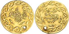 Ottoman Empire. Mahmud II, AH 1223-1255 / AD 1808-1839. Cedid Mahmudiye (Gold, 19 mm, 1.43 g, 12 h), Qustantaniyya (Constantinople/Istanbul), AH 1223 ...