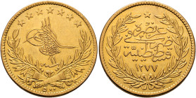 Ottoman Empire. 'Abd al-'Aziz, AH 1277-1293 / AD 1861-1876. 500 Kurush AH 1277 = AD 1861, RY 11 = AD 1870 (Gold, 34 mm, 36.00 g, 12 h), Qustantaniyya ...