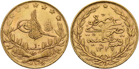 Ottoman Empire. Mehmed V Rashad, AH 1327-1336 / AD 1909-1918. 100 Kurush AH 1327 = AD 1909, RY 10 = AD 1917/8 (Gold, 22 mm, 7.22 g, 12 h), citing 'al-...