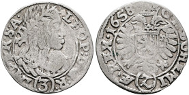 AUSTRIA. Holy Roman Empire. Leopold I, Emperor, 1658-1705. 3 Kreuzer (Groschen) 1658 (Silver, 20 mm, 1.51 g, 8 h), Kuttenberg (Kutná Hora). LEOP:D:G:R...