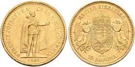 AUSTRIA. Kaisertum Österreich-Ungarn. Franz Josef I, 1867-1916. 10 Korona 1892 KB (Gold, 19 mm, 3.40 g, 12 h), Kremnitz (Kremnica). FERENCZ JÓZSEF I•K...