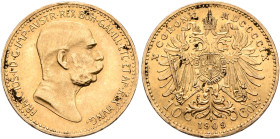 AUSTRIA. Kaisertum Österreich-Ungarn. Franz Josef I. 10 Kronen – 10 Corona 1909 (Gold, 19 mm, 3.38 g, 12 h), Wien (Vienna). FRANC•IOS•I•D•G•IMP•AVSTR•...