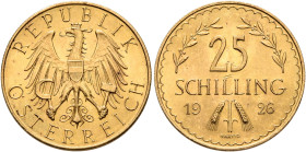 AUSTRIA. First Republic. 1918-1938. 25 Schilling 1926 (Gold, 21 mm, 5.88 g, 12 h), Wien (Vienna). REPUBLIK ÖSTERREICH Crowned eagle holding sickle and...