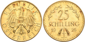 AUSTRIA. First Republic. 1918-1938. 25 Schilling 1926 (Gold, 21 mm, 5.87 g, 12 h), Wien (Vienna). REPUBLIK ÖSTERREICH Crowned eagle holding sickle and...