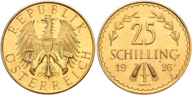 AUSTRIA. First Republic. 1918-1938. 25 Schilling 1926 (Gold, 21 mm, 5.86 g, 12 h), Wien (Vienna). REPUBLIK ÖSTERREICH Crowned eagle holding sickle and...