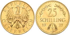 AUSTRIA. First Republic. 1918-1938. 25 Schilling 1927 (Gold, 21 mm, 5.91 g, 12 h), Wien (Vienna). REPUBLIK ÖSTERREICH Crowned eagle holding sickle and...