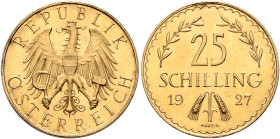 AUSTRIA. First Republic. 1918-1938. 25 Schilling 1927 (Gold, 21 mm, 5.90 g, 12 h), Wien (Vienna). REPUBLIK ÖSTERREICH Crowned eagle holding sickle and...