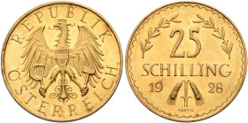 AUSTRIA. First Republic. 1918-1938. 25 Schilling 1928 (Gold, 21 mm, 5.86 g, 12 h), Wien (Vienna). REPUBLIK ÖSTERREICH Crowned eagle holding sickle and...