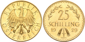 AUSTRIA. First Republic. 1918-1938. 25 Schilling 1929 (Gold, 21 mm, 5.91 g, 12 h), Wien (Vienna). REPUBLIK ÖSTERREICH Crowned eagle holding sickle and...