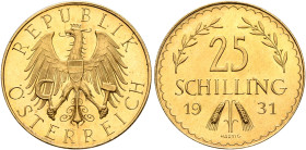AUSTRIA. First Republic. 1918-1938. 25 Schilling 1931 (Gold, 21 mm, 5.89 g, 12 h), Wien (Vienna). REPUBLIK ÖSTERREICH Crowned eagle holding sickle and...
