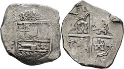 BOLIVIA, Colonial (as Alto Perú). Felipe III, king of Spain, 1598-1621. Cob 8 Reales (Silver, 41 mm, 27.09 g, 9 h), Potosi, 1617-1621. [PHILIPPVS•III•...