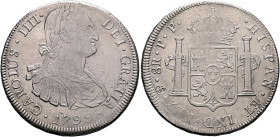 BOLIVIA, Colonial (as Alto Perú). Carlos IV, king of Spain, 1788-1808. 8 Reales 1799 PTS (Silver, 41 mm, 27.06 g, 12 h), Potosi. CAROLUS•IIII•DEI•GRAT...