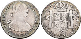BOLIVIA, Colonial (as Alto Perú). Carlos IV, king of Spain, 1788-1808. 4 Reales 1806 PTS (Silver, 33 mm, 13.36 g, 12 h), Potosi. CAROLUS•IIII• - DEI•G...