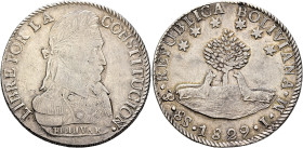 BOLIVIA, Republic. 1825-present. 8 Soles 1829 PTS (Silver, 38 mm, 27.00 g, 6 h), Potosi. LIBRE POR LA - CONSTITUCION Laureate and uniformed bust of Si...