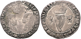 BRITISH, Tudor. Philip & Mary, 1554-1558. Groat 1557 (Silver, 27 mm, 2.96 g, 12 h), for Ireland, Tower (London) mint. PHILIP•ET•MARIA•D•G•REX•ET•REGIN...