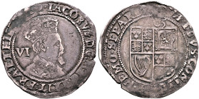 BRITISH, Stuart. James I, 1603-1625. Sixpence 1605 (Silver, 26 mm, 2.94 g, 2 h), Tower (London) mint. IACOBVS:D:G:[MAG]:BRIT:FRA:ET[:HIB]:REX:(rose) C...