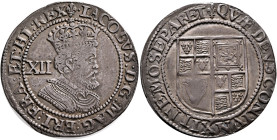 BRITISH, Stuart. James I, 1603-1625. Shilling (Silver, 31 mm, 6.07 g, 5 h), Tower (London) mint, no date (1619-1624). IACOBVS:D:G:MAG:BRIT:FRA:ET:HI:R...