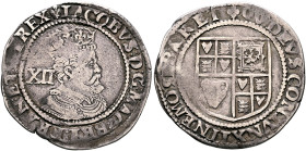 BRITISH, Stuart. James I, 1603-1625. Shilling (Silver, 31 mm, 5.57 g, 5 h), Tower (London) mint, no date (1619-1624). IACOBVS:D:G:MAG:BRIT:FRAN:ET:[HI...