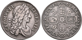 BRITISH, Stuart. Charles II, 1660-1685. Shilling 1663 (Silver, 25 mm, 5.87 g, 6 h), London. CAROLVS•II• - •DEI•GRATIA Laureate and draped bust of Char...