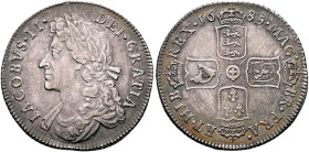 BRITISH, Stuart (Restored). James II, 1685-1688. Shilling 1685 (Silver, 26 mm, 5.92 g, 6 h), London. IACOBVS•II• - DEI•GRATIA• Laureate and draped bus...