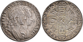 BRITISH, Orange. William III & Mary, 1688-1694. Shilling 1696 (Silver, 25 mm, 6.00 g, 1 h), London. GVLIELMVS•ET•MARIA•DEI•GRATIA• Conjoined laureate ...