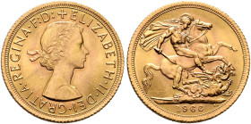 BRITISH, Windsor. Elizabeth II, 1952-2022. Sovereign 1966 (Gold, 22 mm, 7.99 g, 12 h), London. +ELIZABETH•II•DEI•GRATIA•REGINA•F:D: Laureate and drape...
