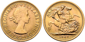 BRITISH, Windsor. Elizabeth II, 1952-2022. Sovereign 1967 (Gold, 22 mm, 7.99 g), London. +ELIZABETH•II•DEI•GRATIA•REGINA•F:D: Laureate and draped bust...