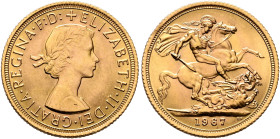 BRITISH, Windsor. Elizabeth II, 1952-2022. Sovereign 1967 (Gold, 22 mm, 7.99 g, 12 h), London. +ELIZABETH•II•DEI•GRATIA•REGINA•F:D: Laureate and drape...