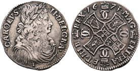 BRITISH, Scotland. Charles II, 1649-1685. Merk 1673 (Silver, 26 mm, 6.09 g, 4 h), Edinburgh. CAROLVS• - II•DEI:GRA• Laureate and cuirassed bust of Cha...