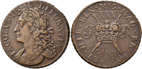 BRITISH, Ireland. James II, 1685-1691. Half Crown August 1689 (Bronze, 32 mm, 14.96 g, 1 h), 'Gunmoney' coinage, Dublin. IACOBVS•II - DEI•GRATIA Laure...