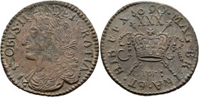 BRITISH, Ireland. James II, 1685-1691. Half Crown April 1690 (Bronze, 32 mm, 13.25 g, 12 h), 'Gunmoney' coinage, Dublin. I[AC]OBVS•II - DEI•GRATIA Lau...
