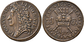 BRITISH, Ireland. James II, 1685-1691. Shilling April 1690 (Bronze, 26 mm, 5.84 g, 12 h), 'Gunmoney' coinage, Dublin. IACOBVS•II - DEI•GRATIA Laureate...