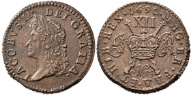 BRITISH, Ireland. James II, 1685-1691. Shilling May 1690 (Bronze, 24 mm, 5.02 g, 12 h), 'Gunmoney' coinage, Dublin. IACOBVS•II - DEI•GRATIA Laureate b...
