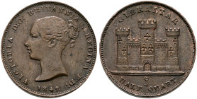 BRITISH, Gibraltar. Victoria, 1837-1901. 1/2 Quart 1842 (Copper, 18 mm, 2.62 g, 12 h), London. VICTORIA D:G:BRITANNIAR:REGINA F:D: Young head of Victo...