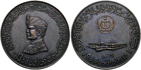 BRUNEI. Sultanate. Hassanal Bolkiah, 1967-present. Medal 1388 AH = 1968 (Bronze, 45 mm, 38.43 g, 12 h), on his Coronation on 1 August 1968. ✱دولي يغمه...