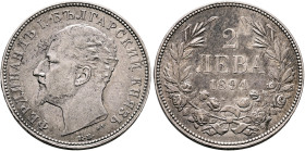 BULGARIA. Principality. Ferdinand I, 1887-1908. 2 Leva 1894 КБ (Silver, 27 mm, 10.00 g, 6 h), Kremnitz (Kremnica). ФЕРДИНАНДЪ I. БЪЛГАРСКИЙ КНЯЗЬ Bare...