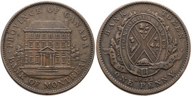 CANADA. Province of Canada. Bank of Montréal. Penny Token 1842 (Bronze, 34 mm, 18.86 g, 12 h). PROVINCE OF CANADA / •BANK OF MONTREAL• Front of the Ba...