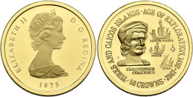 CARRIBEAN TERRITORIES, Turks & Caicos. British. Elizabeth II. Queen of the United Kingdom, 1952-2022. 50 Crowns 1975 (Gold, 22 mm, 6.22 g, 12 h), 0.50...