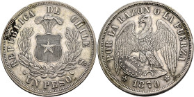 CHILE, Republic. 1818-present. Peso 1870 So (Silver, 38 mm, 24.91 g, 6 h), Santiago. REPUBLICA DE CHILE Coat of arms between laurel branches, UN PESO ...