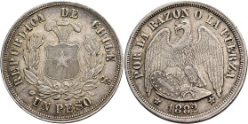 CHILE, Republic. 1818-present. Peso 1882 So (Silver, 38 mm, 24.91 g, 6 h), Santiago. REPUBLICA DE CHILE Coat of arms between laurel branches, UN PESO ...
