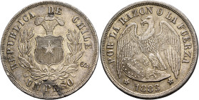 CHILE, Republic. 1818-present. Peso 1883 So (Silver, 38 mm, 25.00 g, 6 h), Santiago. REPUBLICA DE CHILE Coat of arms between laurel branches, UN PESO ...