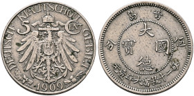 CHINA. Kiautschou Bay Leased Territory, 1898-1914. 5 Cents 1909 (Copper-Nickel, 18 mm, 3.00 g, 12 h), Berlin. DEUTSCH-KIAUTSCHOU GEBIET / 1909 Imperia...