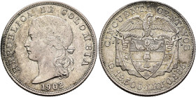 COLOMBIA, Republica de Colombia. 1886-present. 50 Centavos 1902 (Silver, 30 mm, 12.56 g, 6 h), Philadelphia. REPUBLICA DE COLOMBIA / 1902 Head of Lady...