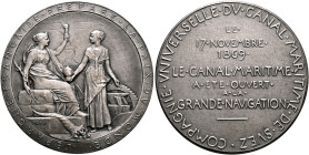 EGYPT. Ottomans. Isma'il, as khedive, AH 1284-1296 / AD 1867-1879. Medal 1869 (Silver, 42 mm, 40.55 g, 12 h), on the Opening of Suez Canal. By O. Roty...